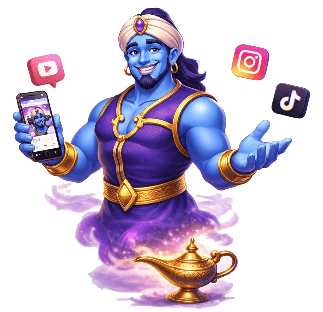Muscular blue djinni rising from a magic lamp while showing Instagram-style content on a phone